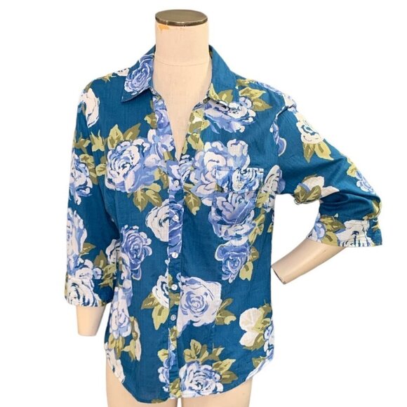 Karen Scott L Blue Floral 100% Cotton Button-Up Pocket Roll Tab Sleeve Top 127B - Picture 1 of 9